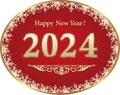 Happy New Year 2024 celebration. Christmas background in golden oval with snowflakes